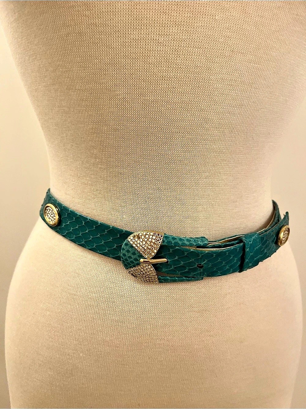 Vintage Carlisle Turquoise Snakeskin Embossed Belt Rhinestone Buckle Size M Aust